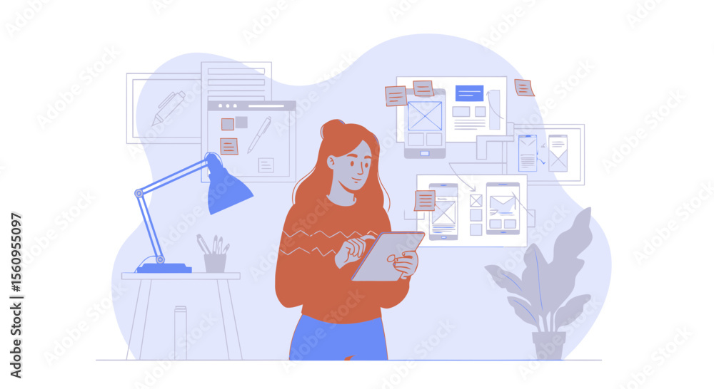 Poster woman designing application interface working from home with tablet computer