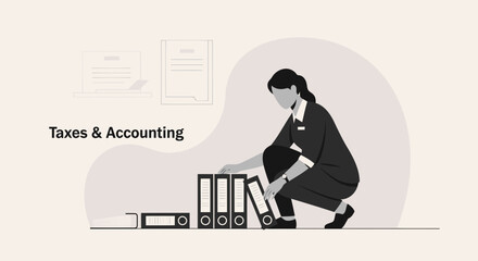 Woman Arranging Folders Office Workspace Illustration For Finance Business