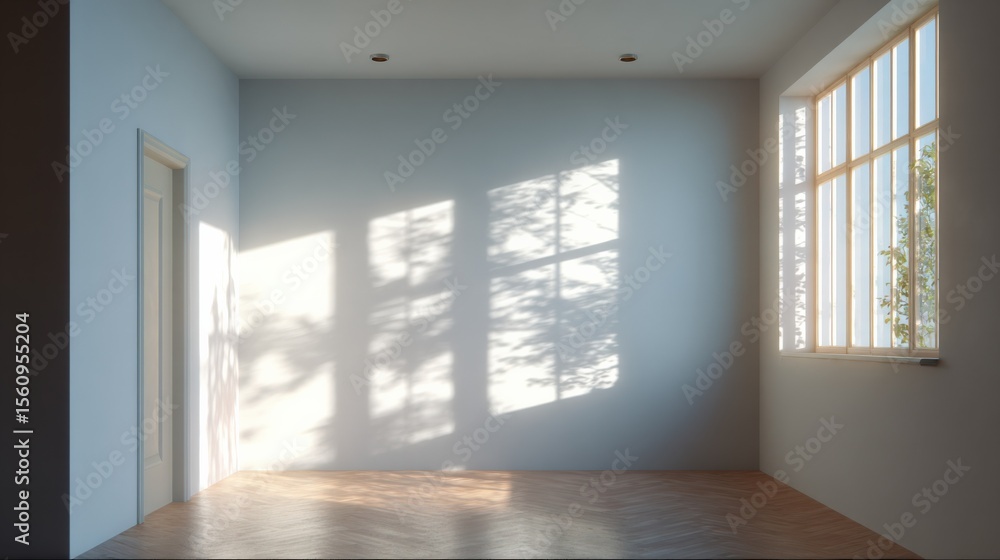 Poster bright empty room with large window sunlight shadows minimalist interior space modern clean design n