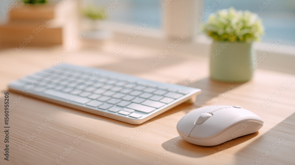 Poster Modern Eyeglasses Frame with Reading Glasses and Transparent Lenses on Wooden Table with Wireless Mouse and Keyboard in Bright Office Setting