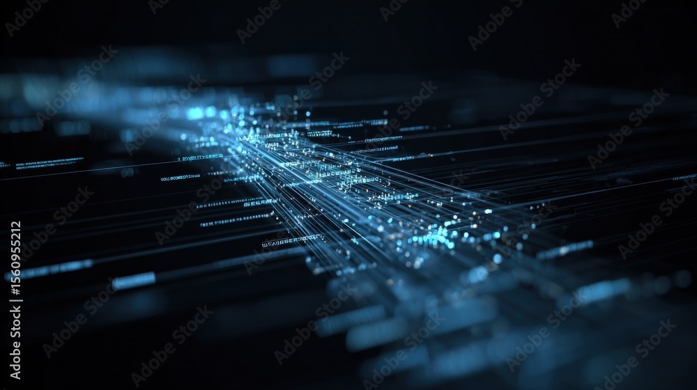 Poster High Tech Digital Data Transmission Network Concept Showing Connection Lines Data Streams and Information Flow in Dark Background