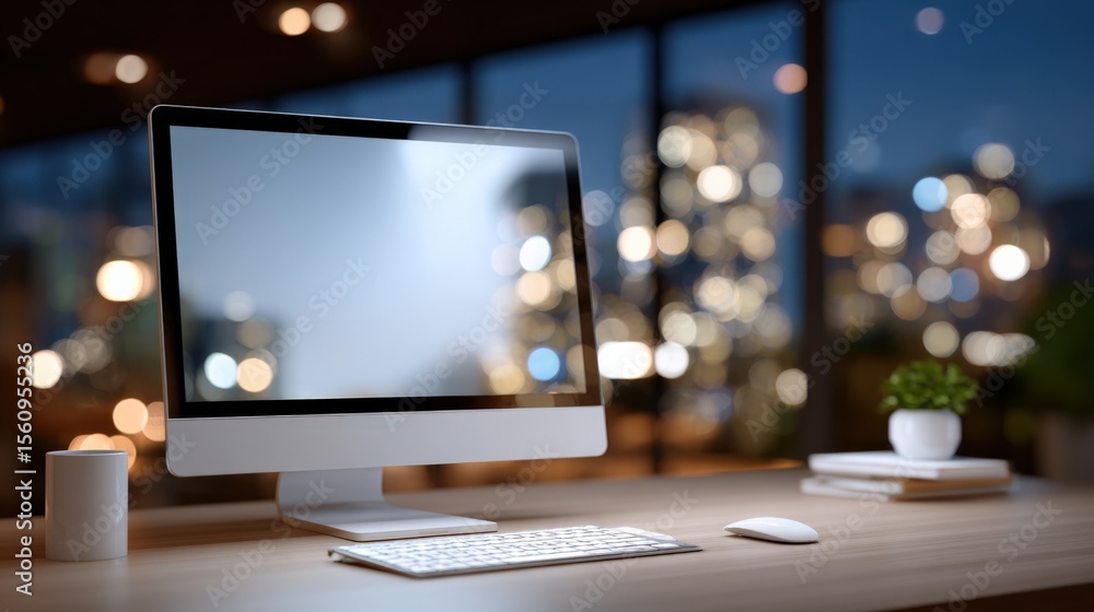 Poster modern workspace with sleek desktop computer monitor on wooden desk and blurred city skyline backgro