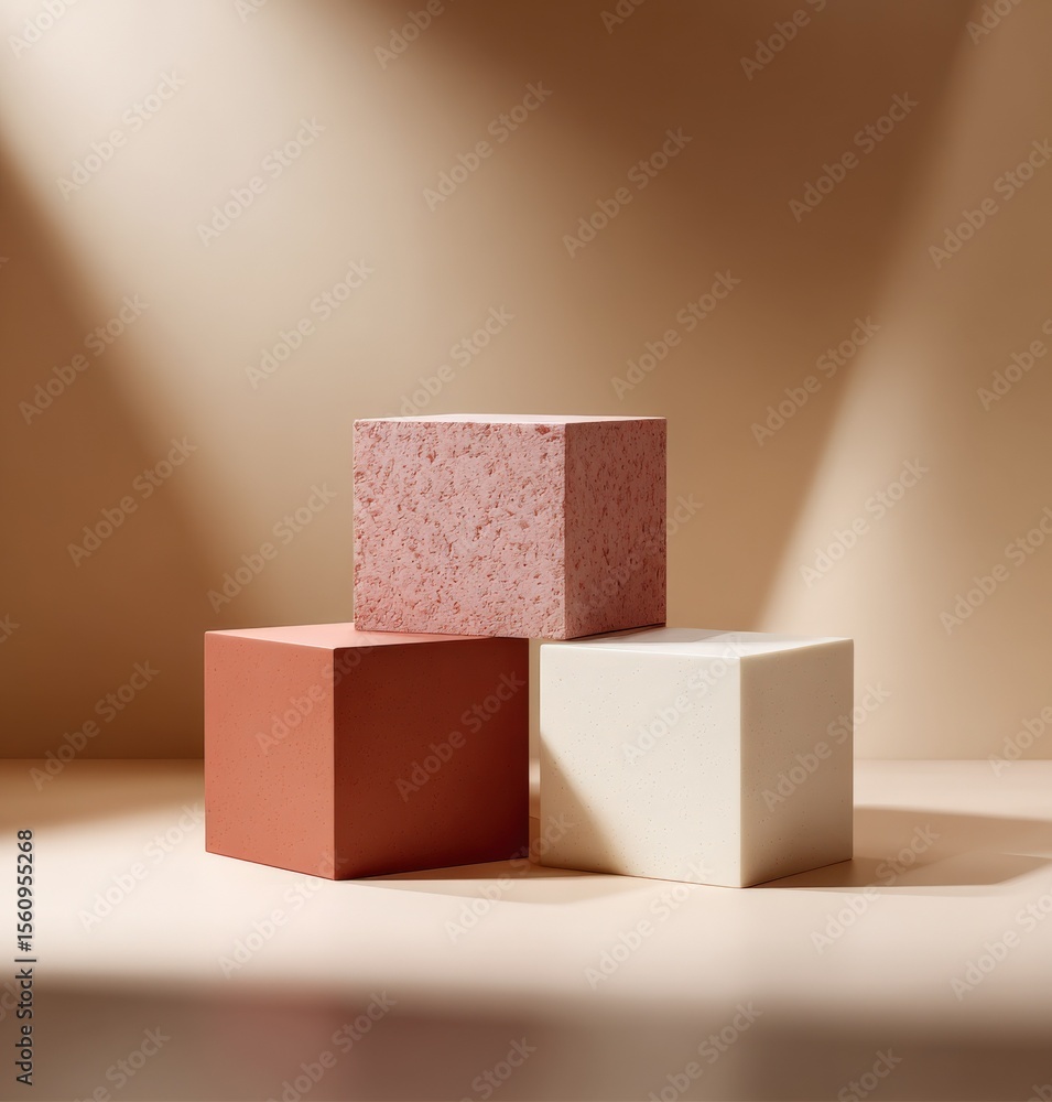 Leinwandbilder Modern minimalistic arrangement of three geometric blocks in neutral and pastel tones on abstract background with soft lighting and shadows