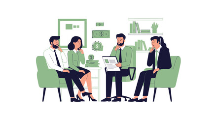 Financial Meeting Illustrating Investments And Savings Planning With Advisor And Clients