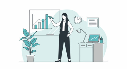 Businesswoman Presenting Company Growth Data On Whiteboard In Modern Office