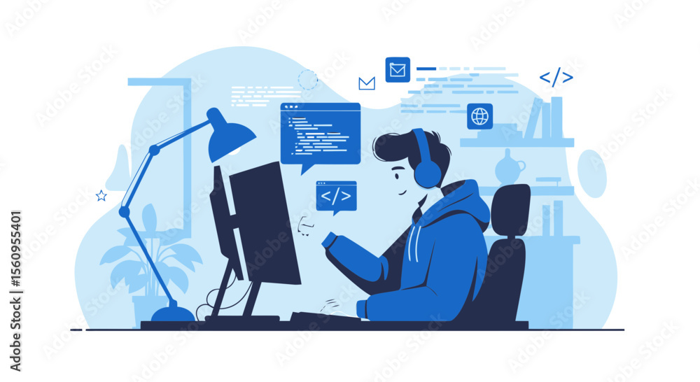 Poster young man coding at desk with headphones working from home concept