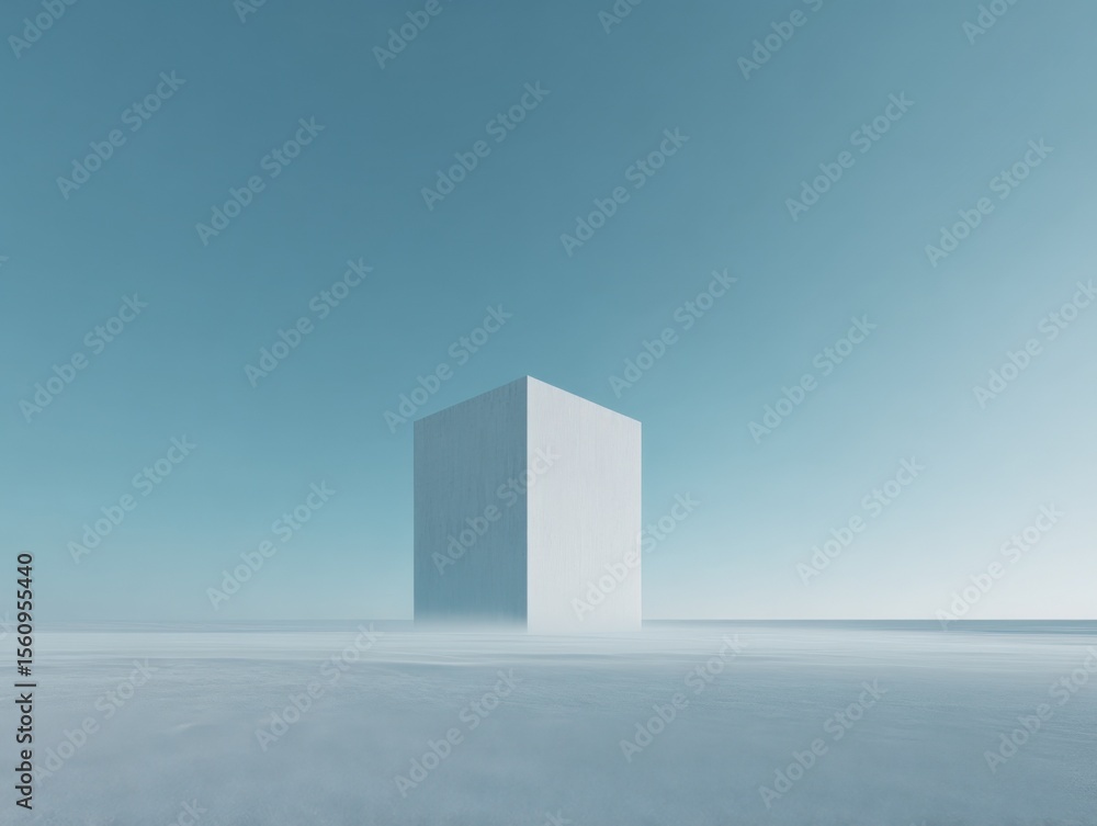 Poster Minimalist Modern White Cube Structure in Vast Open Environment Under Clear Blue Sky with Natural Light and Shadows