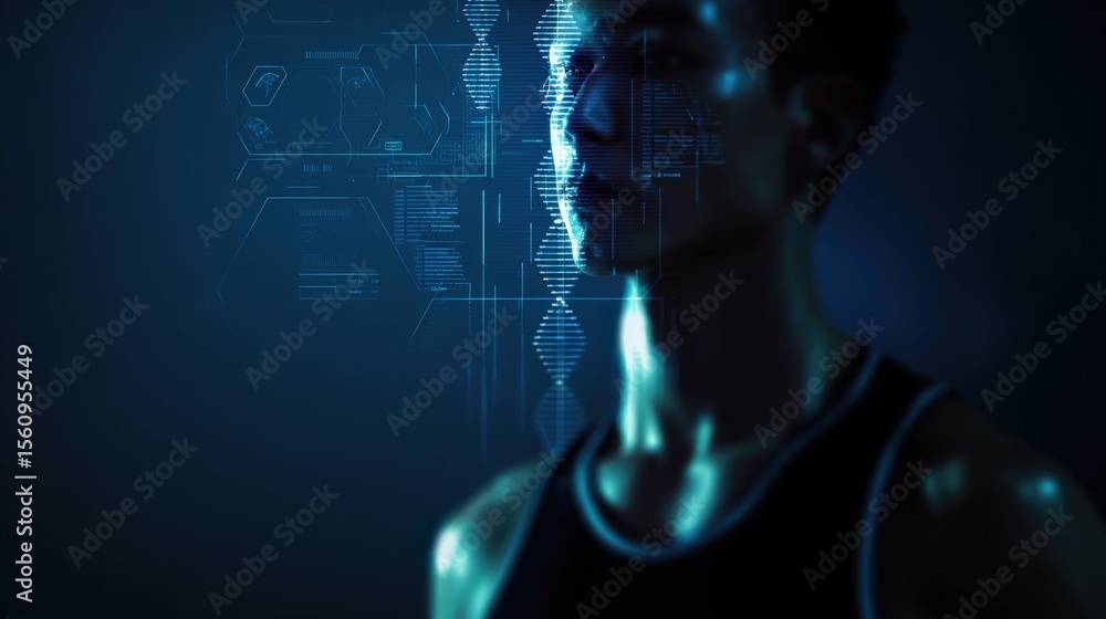 Aufkleber Futuristic Technology Biometric DNA Scan with Human Profile Overlays and Digital Data Interface for Science Innovation and Data Security