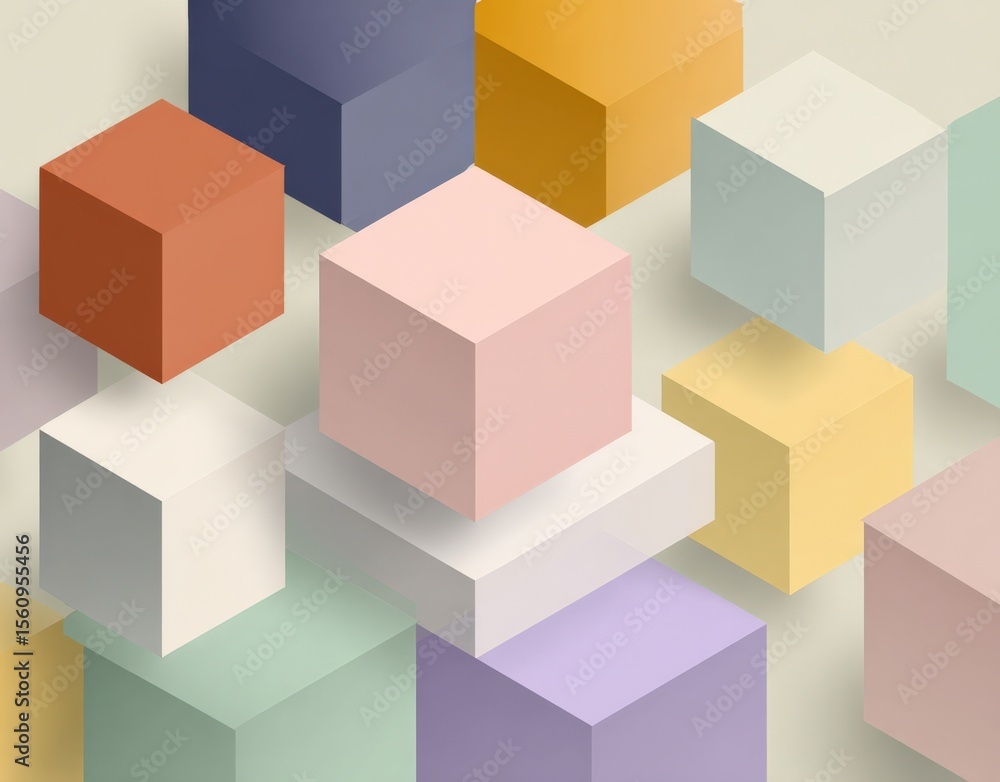 Poster Colorful Geometric 3D Cubes in Various Pastel Shades Arranged in a Modern Artistic Pattern with Soft Shadows on a Light Background