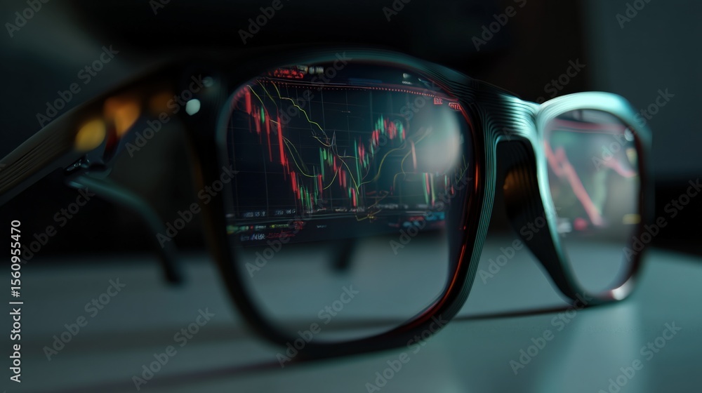 Poster Close-up of smart glasses with built-in display showing financial stock market charts and data on a dark background