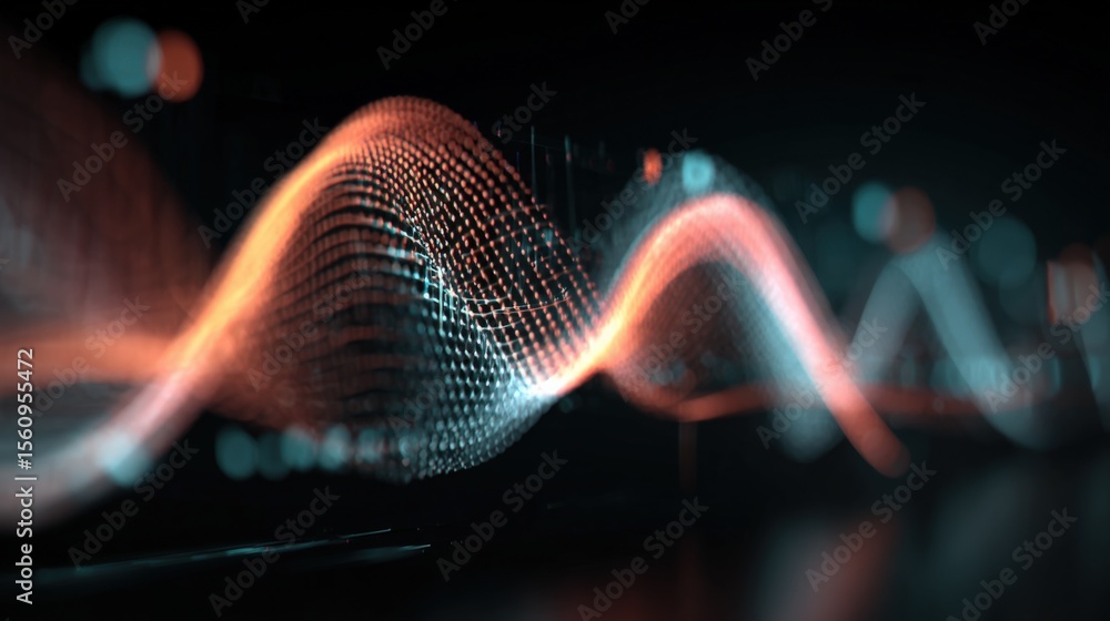 Aufkleber Abstract digital wave pattern with glowing lines and particles on a dark background representing technology and data visualization