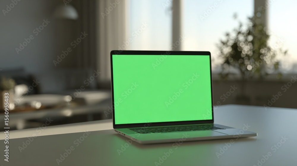 Poster modern sleek slim portable laptop computer with green screen display on clean white desk in bright h