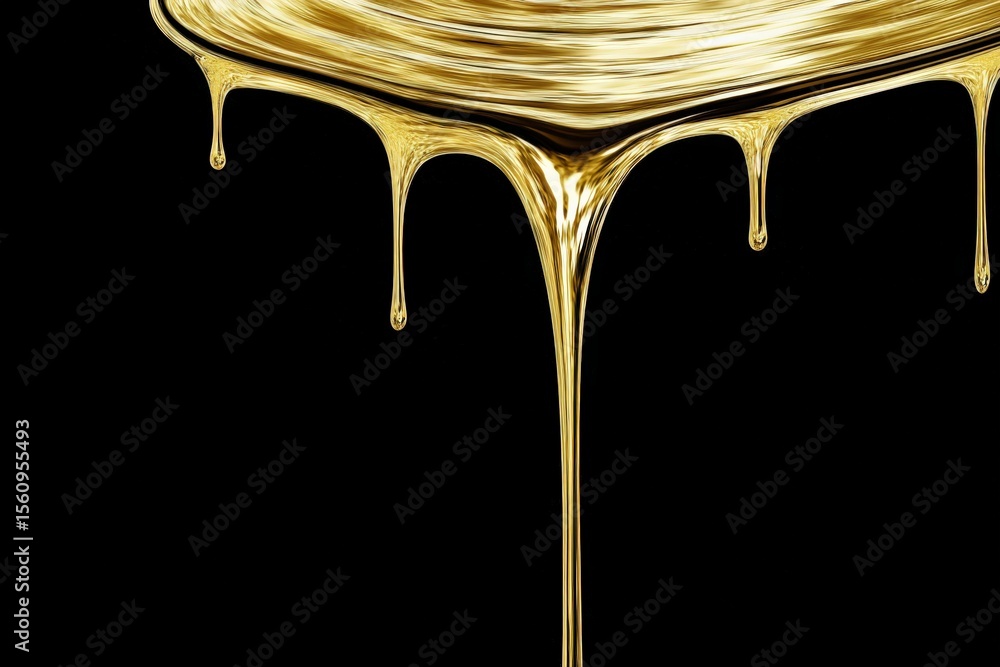 Aufkleber close-up of flowing golden paint or liquid metal dripping over a black background creating a shiny m