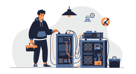 Young Professional Server Maintenance Specialist Connecting Data Cables In Network Data Center