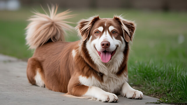 Happy brown and white dog lying on the ground.
