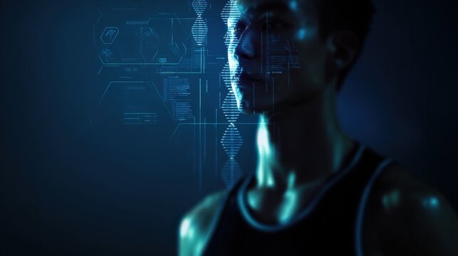 Futuristic Technology Biometric DNA Scan with Human Profile Overlays and Digital Data Interface for Science Innovation and Data Security