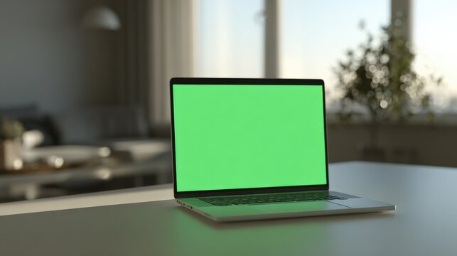 modern sleek slim portable laptop computer with green screen display on clean white desk in bright home office environment du daytime