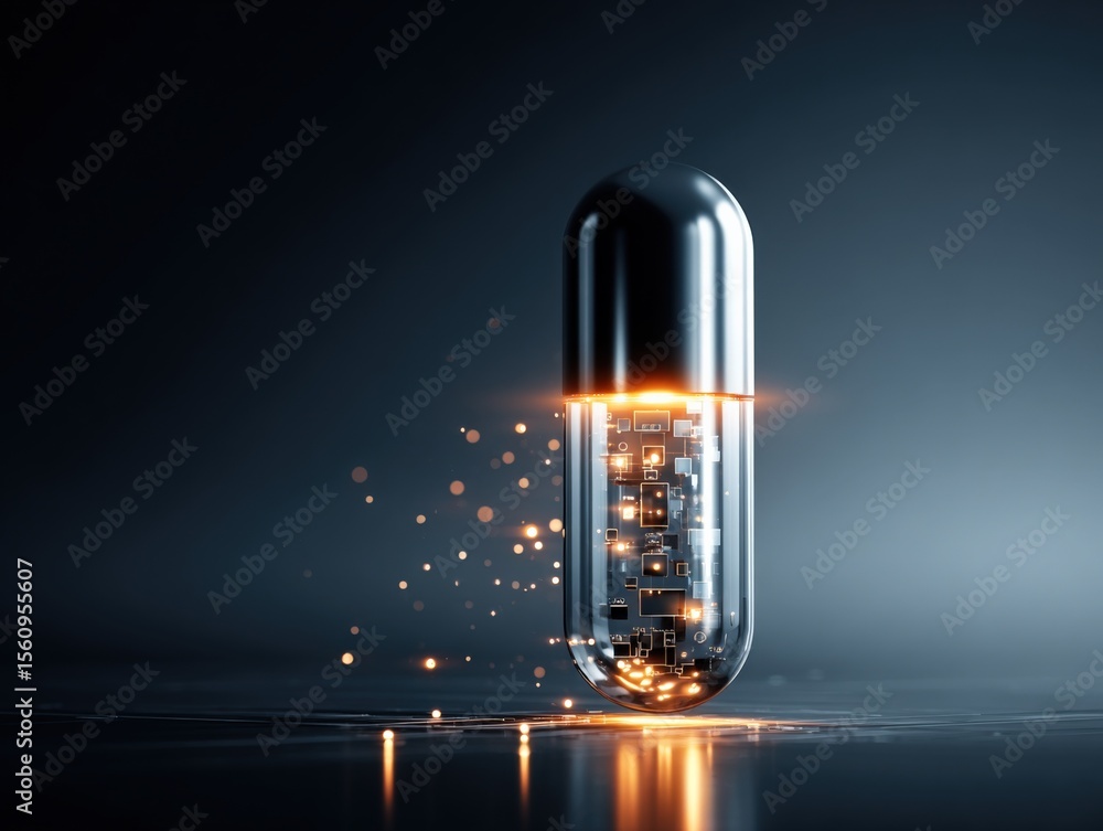 Poster close-up of a futuristic transparent capsule with glowing electronic components and sparks on a dark