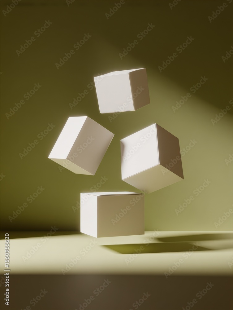 Leinwandbilder Abstract minimalistic image of four white geometric cubes floating and casting shadows on a light green wall and floor, 3D rende