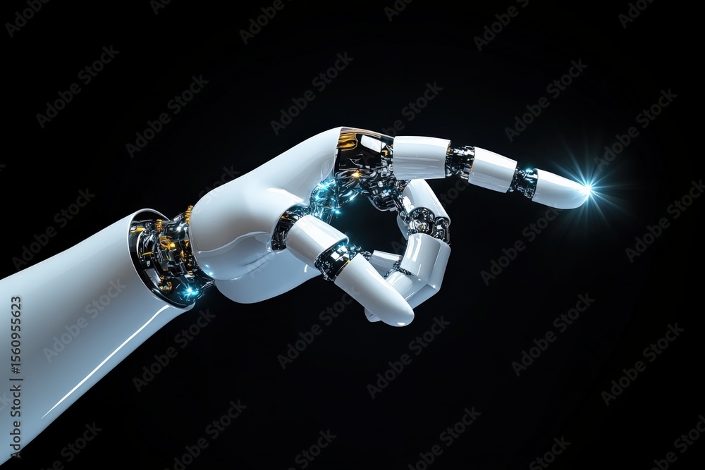 Poster futuristic robotic hand with glowing fingertips reaching forward in a dark environment, advanced tec