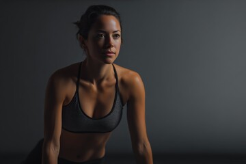 Fototapeta premium Young Fit Woman Exercising in Dark Gym Wea Sports Bra and Leggings Du Workout for Fitness and Athletic Training
