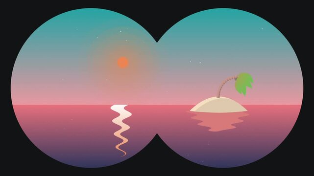 A remote tropical island viewed through binoculars panning across a sunset-lit ocean