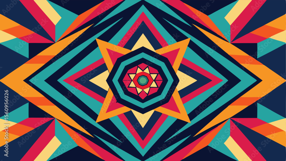 Poster geometric abstract artwork showcasing colorful shapes in a symmetrical and dynamic composition
