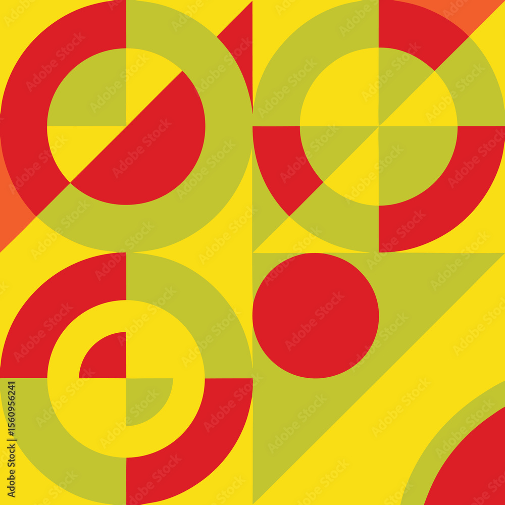 Poster geometric abstract composition featuring circles and slices in vibrant colors and dynamic arrangemen