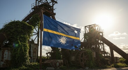 Torn Nauru Flag Flies Over Rusty Abandoned Phosphate Mine Struct