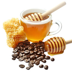 Sweet Honey in Glass Cup Isolated on White Background – High-Resolution Image. 
 organic honey on white, pure honey in cup, liquid gold honey, bee honey photo, sticky sweet honey, honey in clear glas
