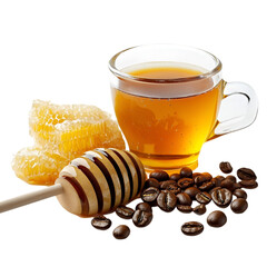 Sweet Honey in Glass Cup Isolated on White Background – High-Resolution Image. 
 organic honey on white, pure honey in cup, liquid gold honey, bee honey photo, sticky sweet honey, honey in clear glas
