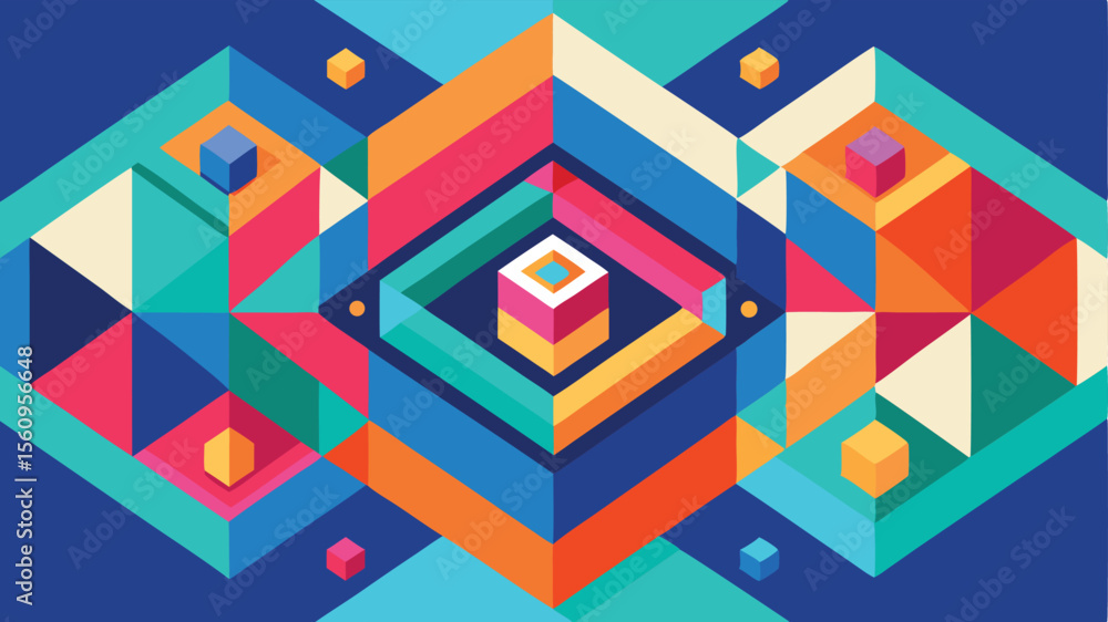 Poster geometric abstract composition with cubes and bright colors for modern design projects