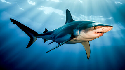 Obraz premium Powerful shark, sleek and predatory, in deep blue water. 