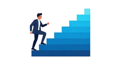 Businessman in a suit climbing a blue staircase, concept of career growth.