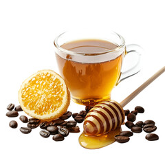 Sweet Honey in Glass Cup Isolated on White Background – High-Resolution Image. 
 organic honey on white, pure honey in cup, liquid gold honey, bee honey photo, sticky sweet honey, honey in clear glas
