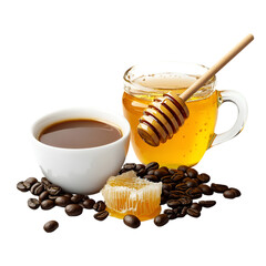 Sweet Honey in Glass Cup Isolated on White Background – High-Resolution Image. 
 organic honey on white, pure honey in cup, liquid gold honey, bee honey photo, sticky sweet honey, honey in clear glas
