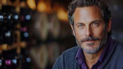 Confident Middle-Aged Man with Beard in Upscale Wine Bar Setting