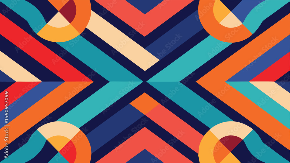 Poster geometric abstract design with intersecting lines and semicircles in a colorful composition
