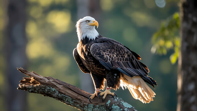 Bald eagle perched on a branch, watching sunrise.
