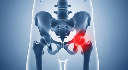 Hip pain illustration. Joint inflammation, injury, or arthritis highlighted in red. Medical condition diagnosis.
