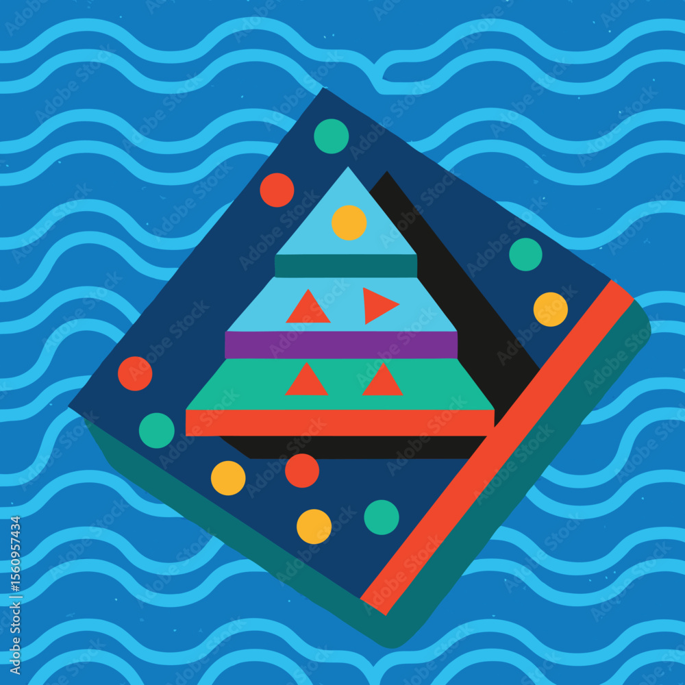 Poster geometric composition featuring abstract pyramid and wave pattern on bright blue background