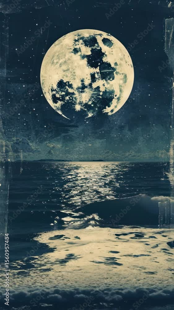 Poster a surreal video concept with a low-angle view of a large moon reflecting on a calm ocean, creating a