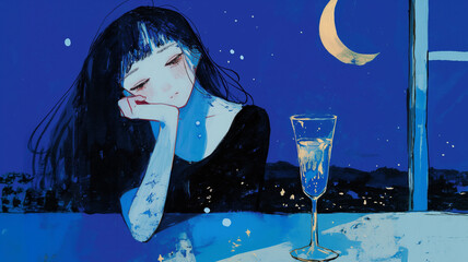 真夏の夜、少女が見つめるグラスに映る月の記憶｜蒼い夜の静寂｜幻想的｜泡の浮遊｜ひとりの時間｜儚い表情｜透明感のある構図｜ロマンティックな世界