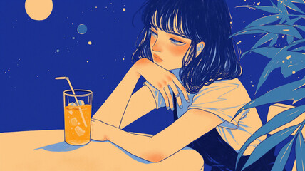 真夏の夜、少女が見つめるグラスに映る月の記憶｜蒼い夜の静寂｜幻想的｜泡の浮遊｜ひとりの時間｜儚い表情｜透明感のある構図｜ロマンティックな世界