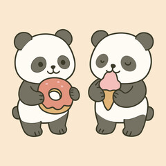 Kawaii Panda Eating Ice Cream and Donut – Cute Food Animal Vector for Kids
