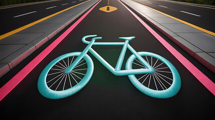 Fototapeta premium Teal bicycle symbol painted on a road. Designated bike lane. 