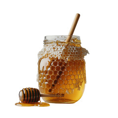 Fresh Honey in Jar with Dipper and Honeycomb – Pure Sweetness Concept. 
 glass jar of honey, honey closeup photo, premium honey stock, bee honey product, artisanal honey in jar, natural golden honey,
