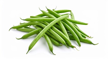 Fototapeta premium Freshly Picked Green Beans Pile on a Clean White Surface, Ready for Cooking