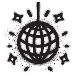 Shiny disco ball with graffiti style with black spray paint. Music, parties, festivals, dance clab. Retro music poster.