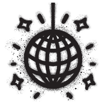 Shiny disco ball with graffiti style with black spray paint. Music, parties, festivals, dance clab. Retro music poster.